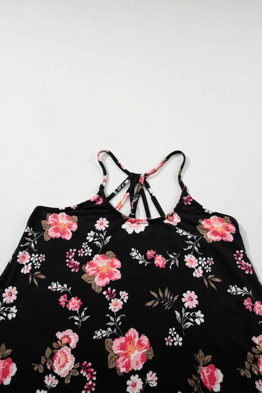 Black Floral Spaghetti Straps Strappy Back Tank Top - Love Salve